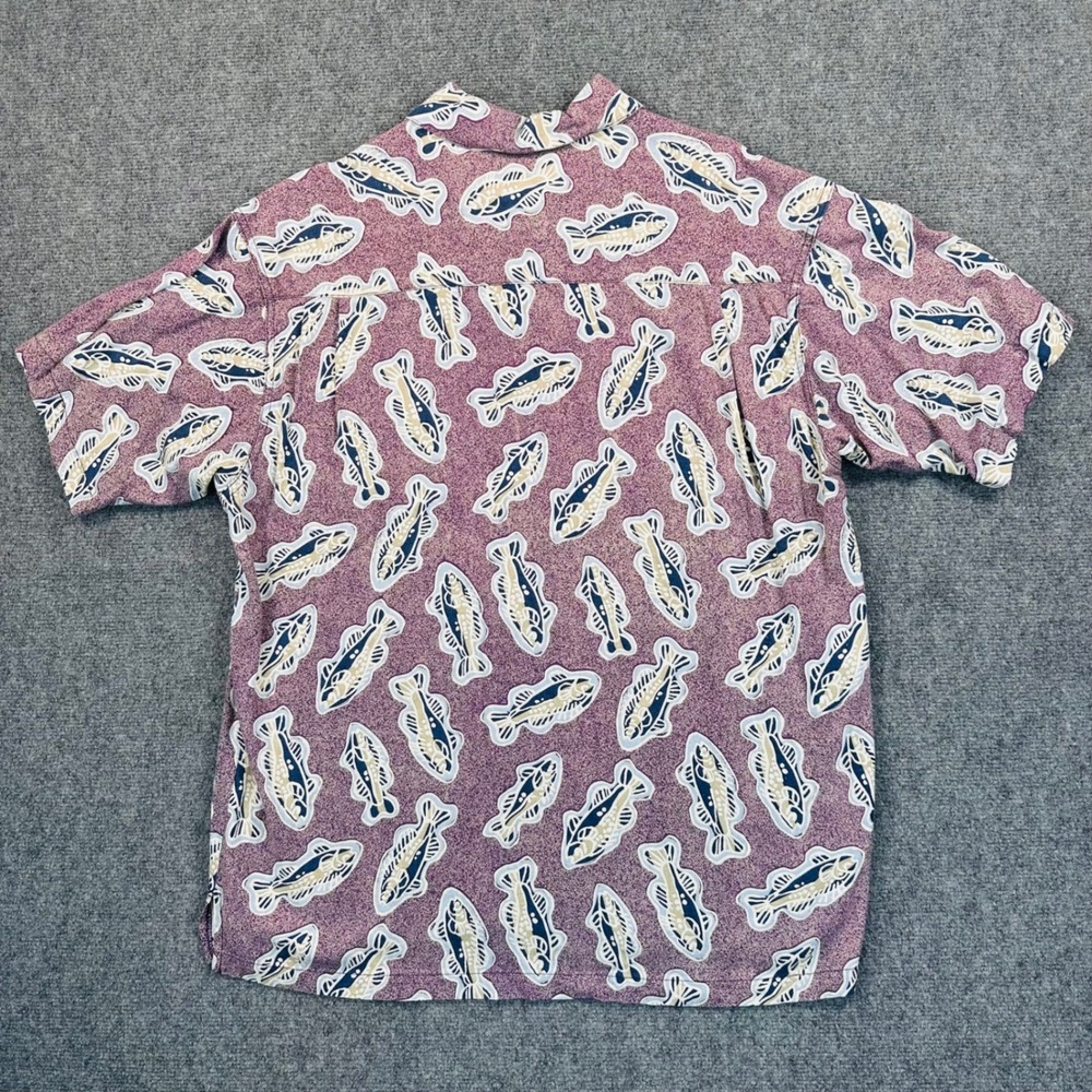 Columbia Men's M Purple Trout Fish Print Rayon Flax Blend Shirt Outdoors Camping - Picture 3 of 10
